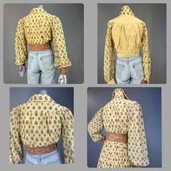 Vtg 60s 70s Cotton India JACKET + SKIRT Border Block Print Billow Sleeve Set S