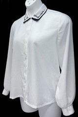 VTG Judy Bond Women Size 14 Button Up Long Sleeve Embroidered Collar Top White