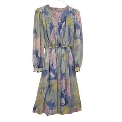Vintage Lisa Michaels Floral Pleated Midi Dress Blue Lavender Size 8 Made in USA