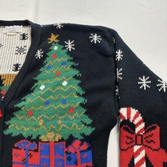 VTG 90s Ugly Christmas Sweater Candy Cane Button Cardigan Size L Santa Xmas Tree