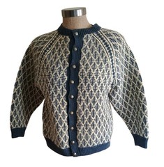Vintage Denmark Hand Knit Wool Sweater Unisex Sz Sm-Med Blue/Cream