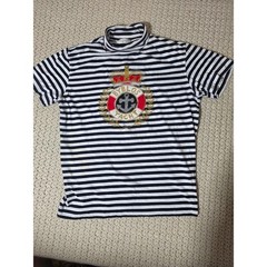 Byblos Yacht Top Womens XL Navy White Striped Good Vintage Mock Neck Italy Crest