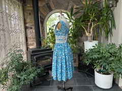 Vintage 1950s Blue White Floral Cotton Sleeveless Dress Jo White Wounded Bird