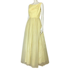 Vintage 50s Pastel Yellow Prom Dress Ball Gown XS Formal Cupcake Flaws 24″ Waist