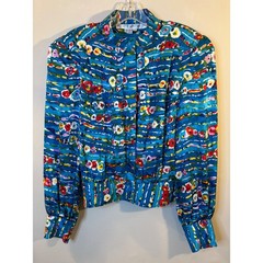 Anne Crimmins for Umi Collections Bright Blue Silk Floral Blouse 14 Vintage 80’s