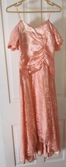 S Pink Sateen Lace Waterfall Dress Puffy Sleeve Ruched Drop Waist Asymmetrical