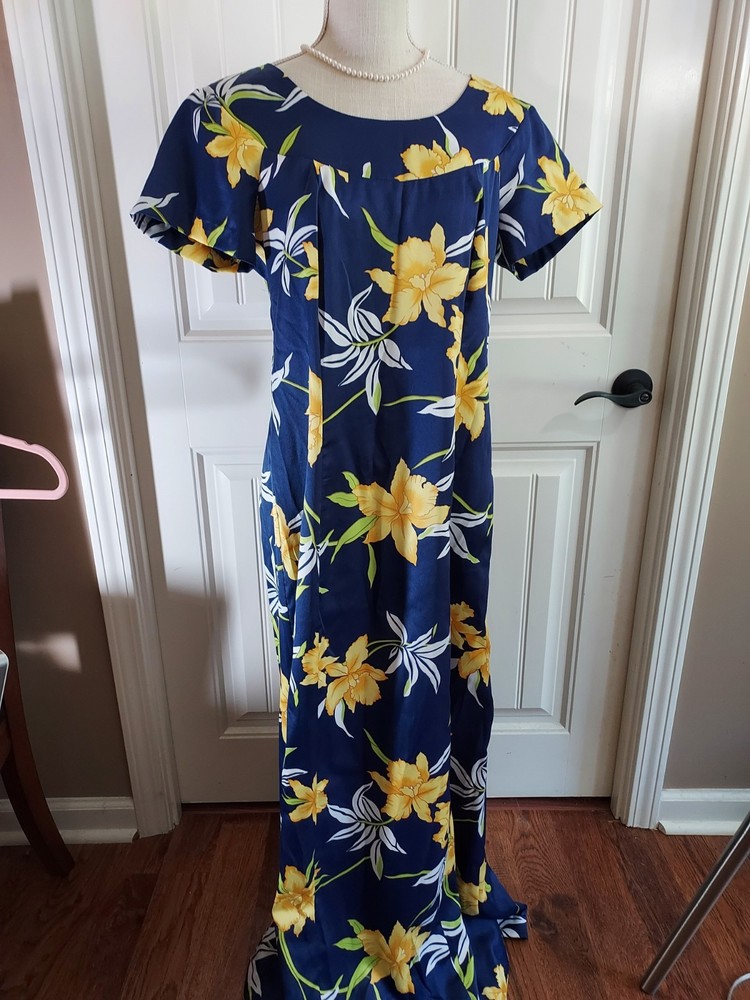 Vtg 70s Floral Maxi Dress Navy Yellow Lily Hibiscus Hawaiian Tiki Resort M L 53″