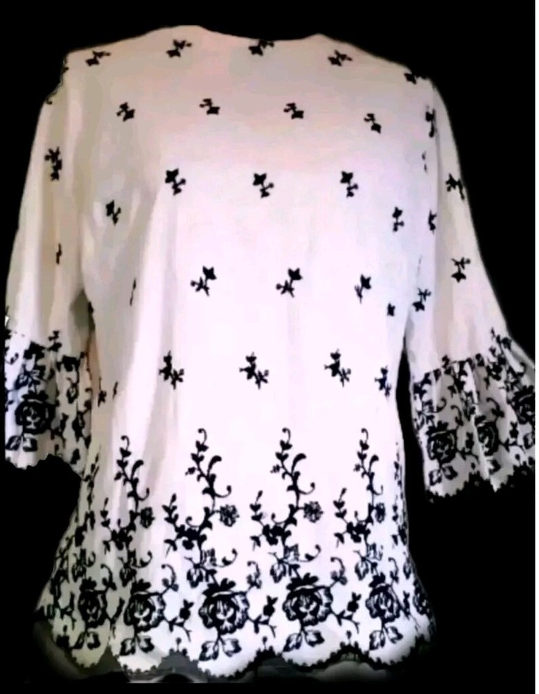 VTG 60s Embroidered Black White Crisp Cotton Blouse w Bell Cuff Frilly Sleeves M