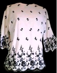 VTG 60s Embroidered Black White Crisp Cotton Blouse w Bell Cuff Frilly Sleeves M