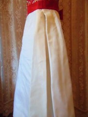 VTG 50S RED & WHITE OVERLAY DRESS GOLD & SILVER METALIC EMBROIDERY PETITE SM 32B
