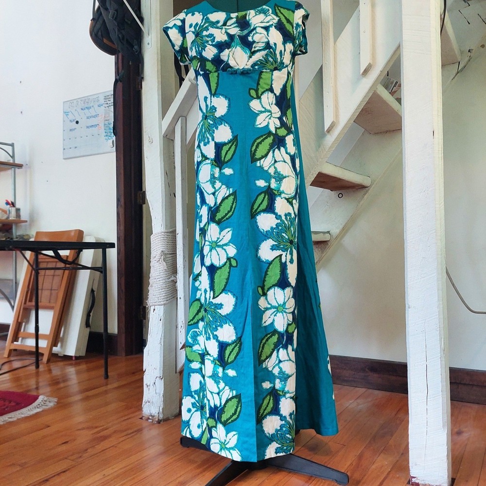 Vintage Sears Hawaii Floral Maxi Dress Turquoise Cotton Tiki 60s Empire Waist