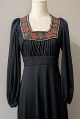 Vintage 70’s Empire California Holiday Jersey Maxi Boho Dress Tapestry Trim XS/S