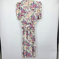 Vtg 80s Cottagecore Floral Lace Collar Midi Dress Size 6P Belted Shoulder Pads