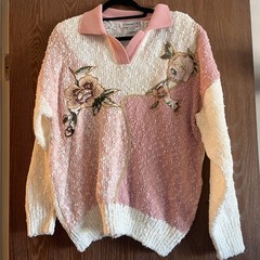 Diamond Hill vintage 80s beaded knit collared sweater pink white medium