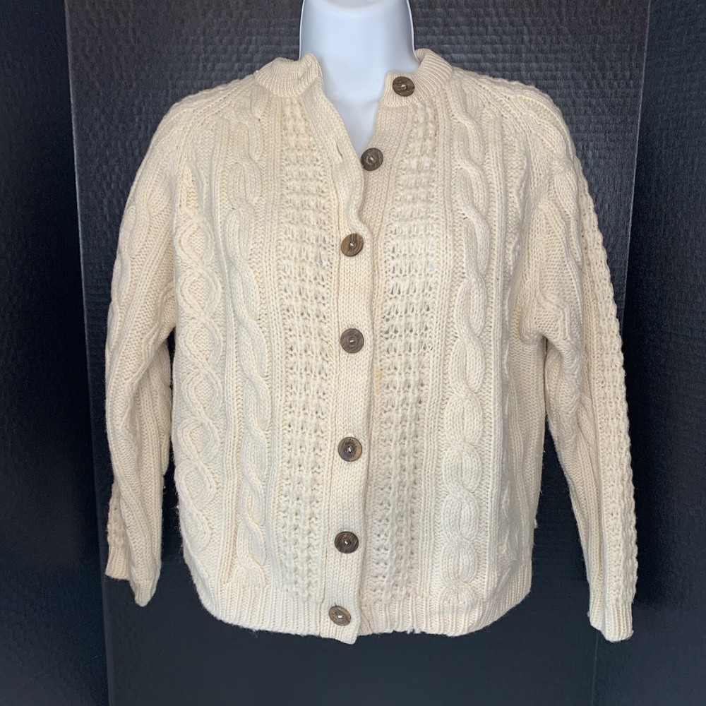 Vintage FULLY FASHIONED BY TAMI 100% Wool Cable Knit Button Sweater Cream Sz S/M