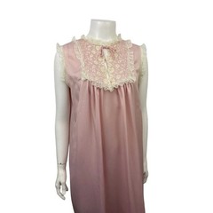 1960s 70s Pink Lace Nightgown Sheer Nylon Romantic Lingerie Womens M