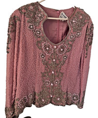 Vintage Bernadette Beaded Blouse Shirt Pink & Silver Long Sleeve Silk 2X