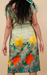 50s 60s Chartreuse Green Floral Sequin Cotton Pin Up Dress Pencil Mod B36-37″