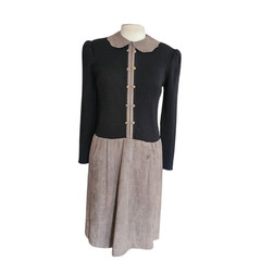 Vintage 80s CIAO Dress Drop Waist Black Knit Gray Faux Suede / M