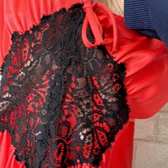 Vintage RED NYLON NIGHTGOWN Long Sheer LACE Old Hollywood VAMP Gown USA Large
