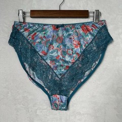 Vintage 90s Loveable Silky Satin Hi Cut Panties Size XL Green Floral Lace