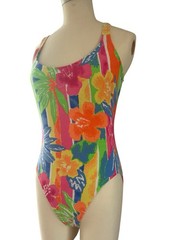 Vintage 1980s 1990s Tropical Floral One Piece Swimsuit Pacific Connections 15/16