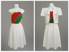 Vintage 1970s Dress Set XS 2-Piece White Multicolor Sundress Jacket