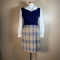 Vintage Gay Gibson Dress Mod 60s 70s JR Small 2 4 Navy Blue & Plaid Schoolgirl