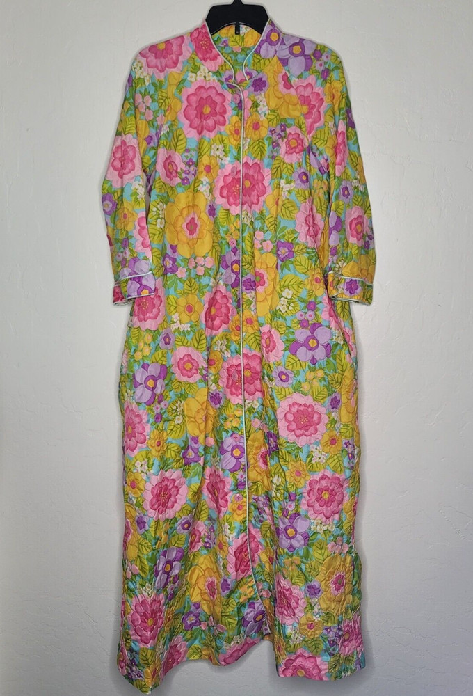VTG Bright Embossed Floral Loungewear Robe Kaftan Mumu Size M See Measurements
