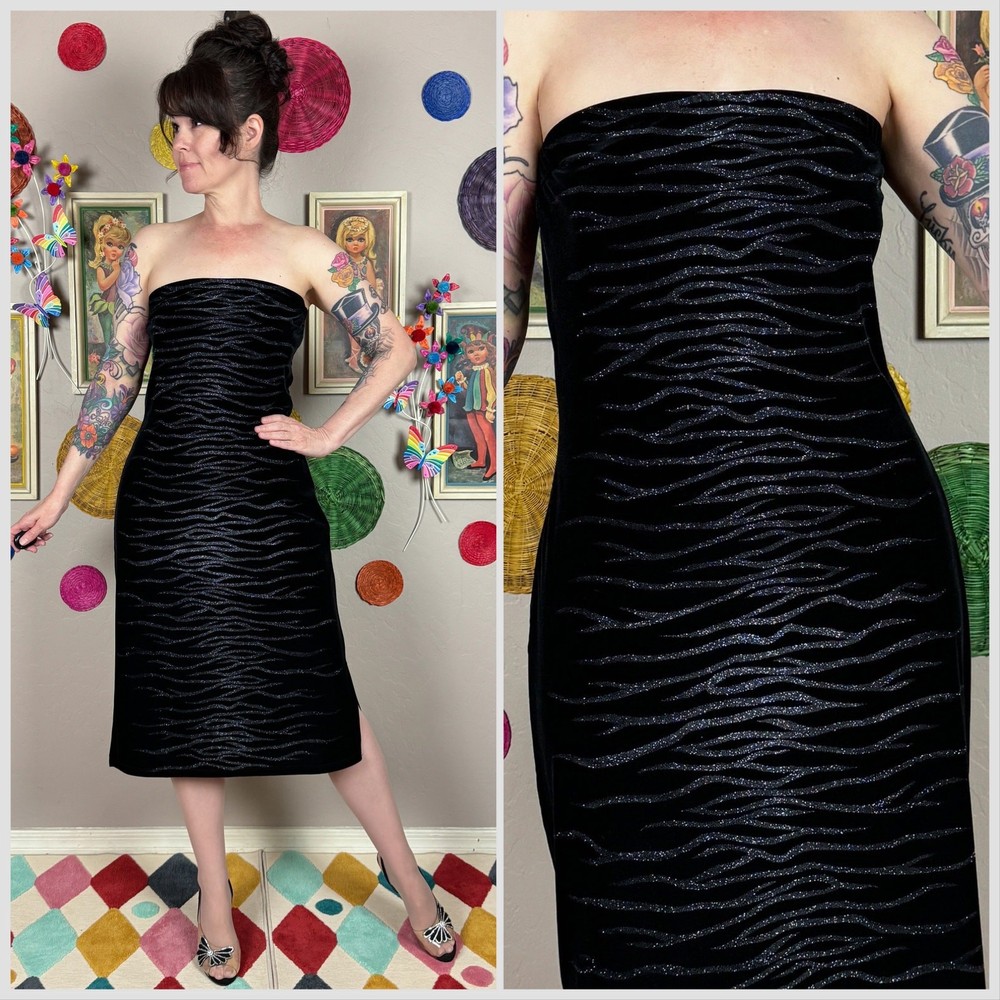 Vintage Y2K Black Strapless Velvet Silver Glitter Tiger Stripe Dress | 34” Waist