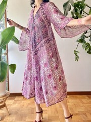 VTG 70s Adini Indian Cotton Metallic Caftan Dress Angel Sleeve Pink Gauze Boho