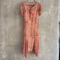 Antique 1920s Pink Silk Chiffon Dress Sweet Floral Print Asymmetrical Vintage