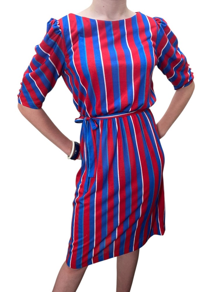 Vtg 70s Dress Sz S/M Soft Stripe Knit Red Blue Belted Puffed Sleeve Miss OOPS CA