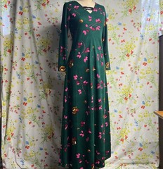 Vtg 60s Homemade Green Floral Maxi Dress Long Sleeve S Stretchy