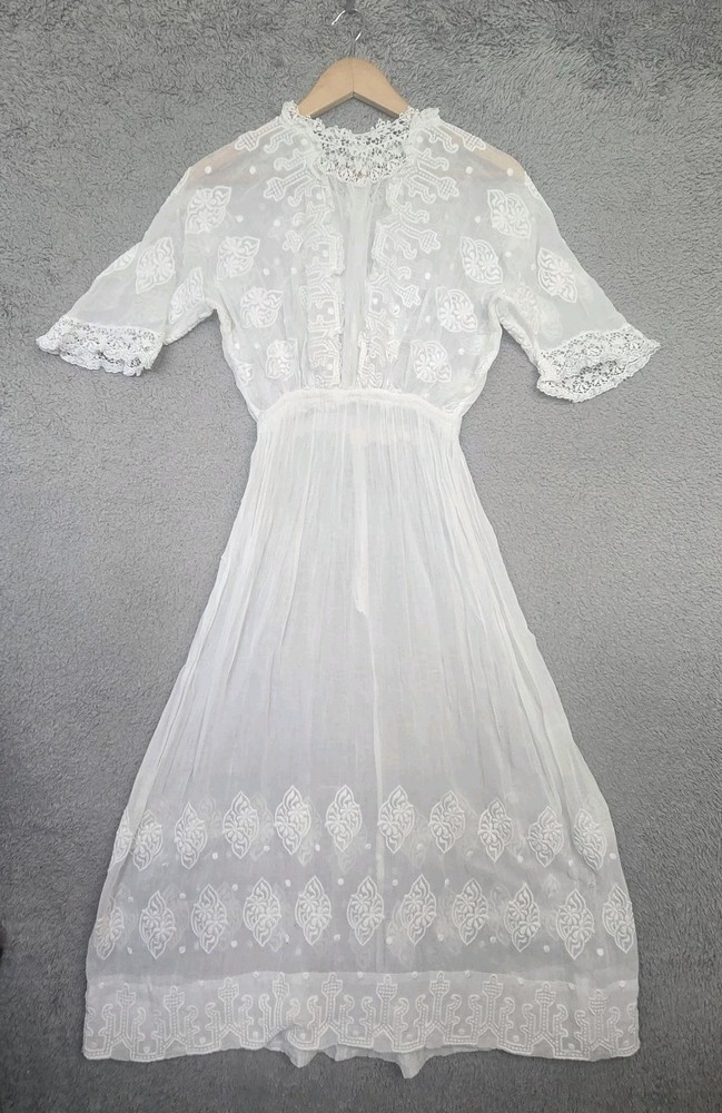 Antique 1900s 10s 20s Embroidered Cotton Lace Lawn Tea Under Dress XXS/XS READ