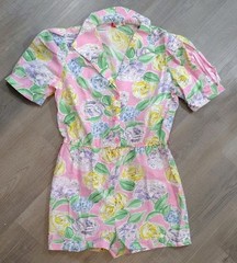 Vintage 80s 90s Wear Or When Floral Romper Playsuit Pastel Roses Size L Pink
