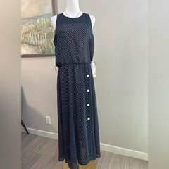 Vintage Navy Polka Dot Sheer Maxi Dress Button Detail Sleeveless – Size 14