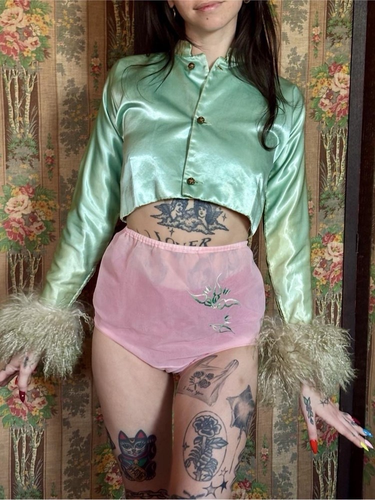 1940s/50s Sheer Pink Embroidered Tap Pants / Lounge Bloomers, Size S-M