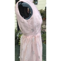 Vtg 80s Pink Silver Floral Empire Layered Taffeta Women’s XS S O USA Short Dress