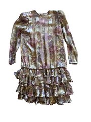 100% Silk Judy Hornby 6 Vintage Couture 80’s Pastel Floral Metallic Gold Ruffled