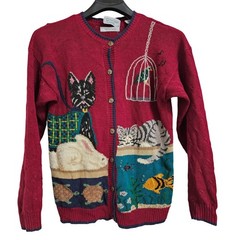 Countryside Classics Cardigan Womens M Red Hand Embroidered VTG Knit Pets Theme