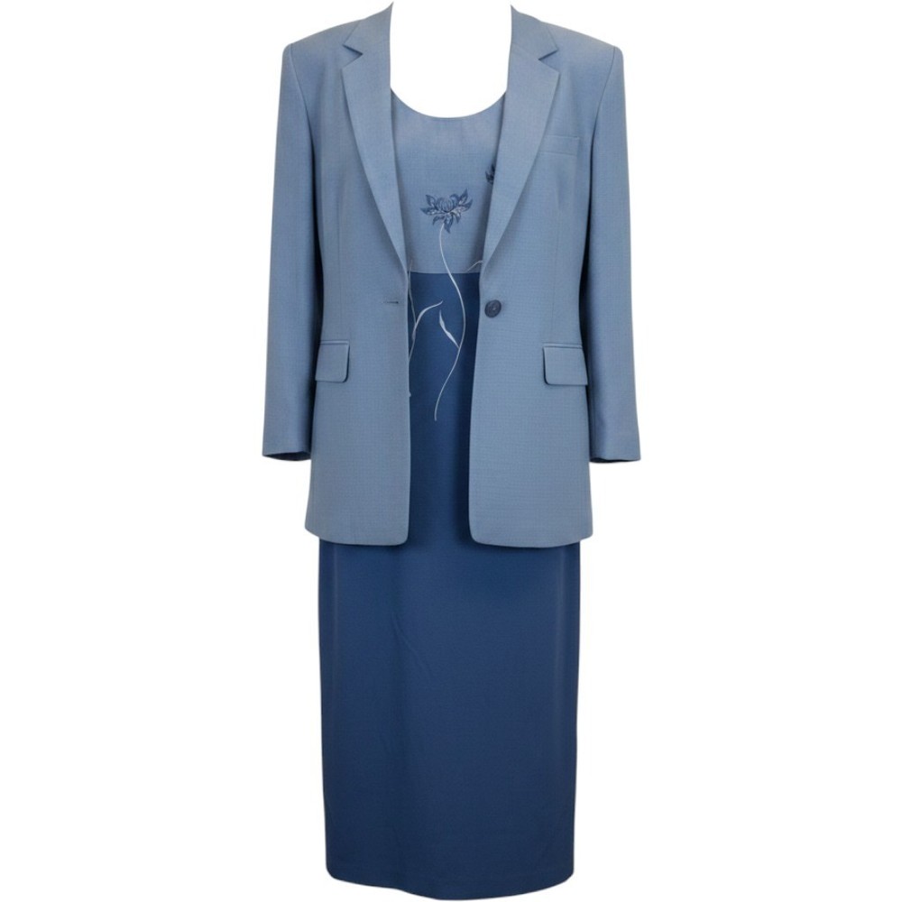 Vintage Periwinkle Blue Suit Set Floral Embroidered 2 Piece Blazer Dress Size 12