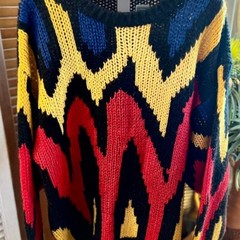 Handmade Knit Sweater Size Large Black Red Yellow Blue Novelty