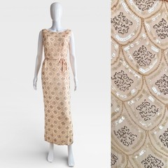 Vintage XS Nan Duskin Dress Gown 60s 50s Beaded Sequin Peach Scalloped VGUC Read