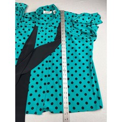Vintage 90s Josephine Secretary Blouse Large 16 Turquoise Black Polka Dot Bow