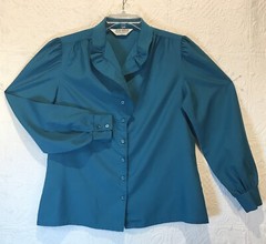 Vintage 1980’s Judy Bond blouse Button Ruffle Teal Geek/Secretary Silky Polyeste