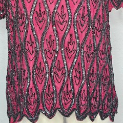 Stenay Petite Vintage Beaded Sequin Silk Blouse Burgundy Black Scalloped PL