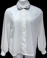 VTG Judy Bond Women Size 14 Button Up Long Sleeve Embroidered Collar Top White