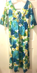 Vintage KAHALA Hawaiian Flower Power Maxi Dress Size 6-8 White Blue Green Gown
