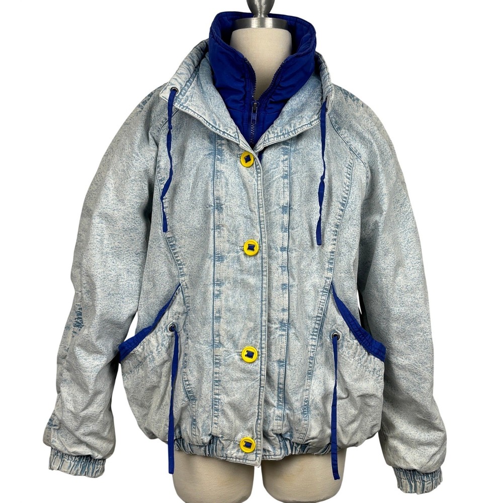 Vintage 90s Gitano Acid Wash Denim Bomber Jacket Blue Yellow Women’s Small